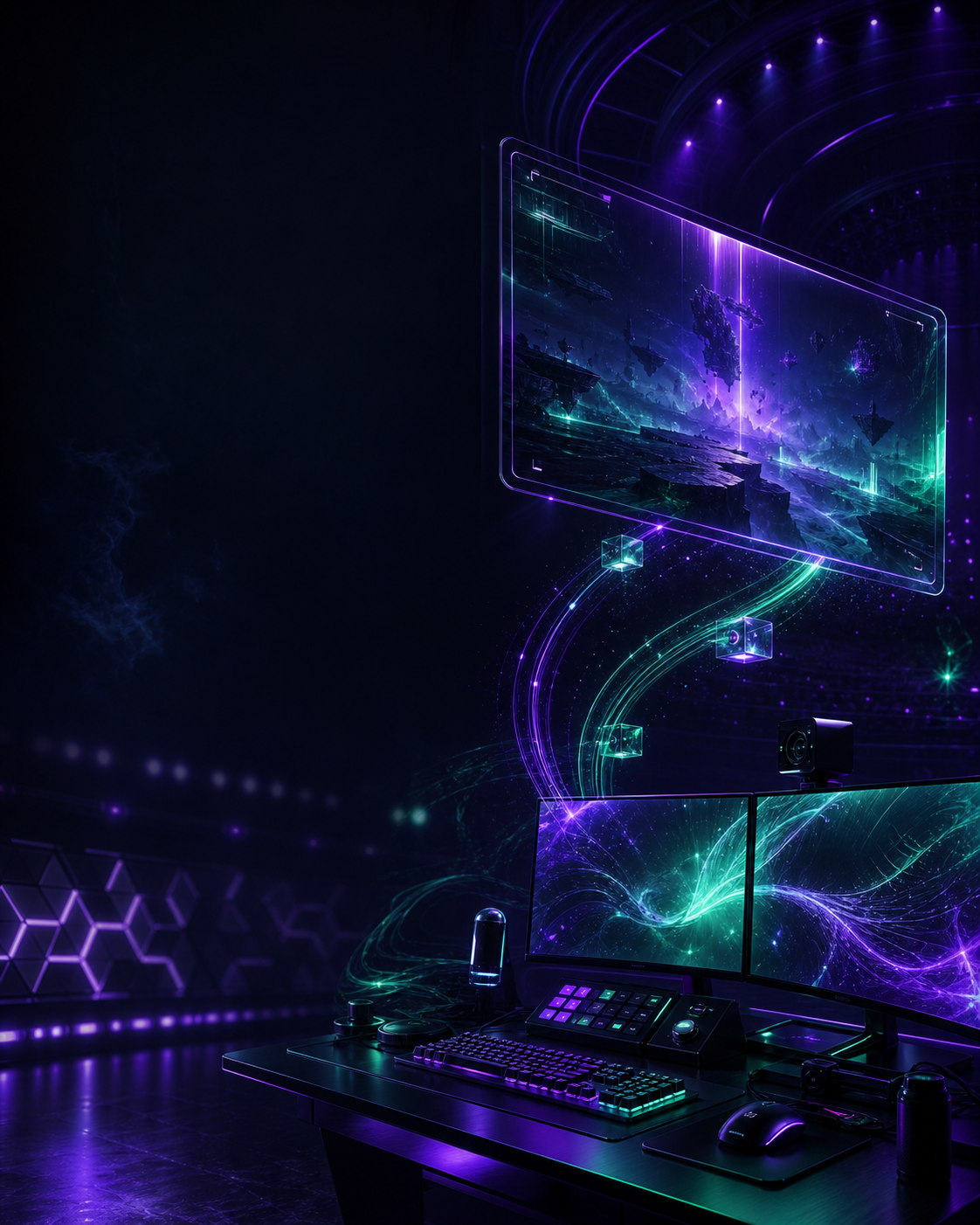 Original illustrative creator command center with game capture and streaming equipment.